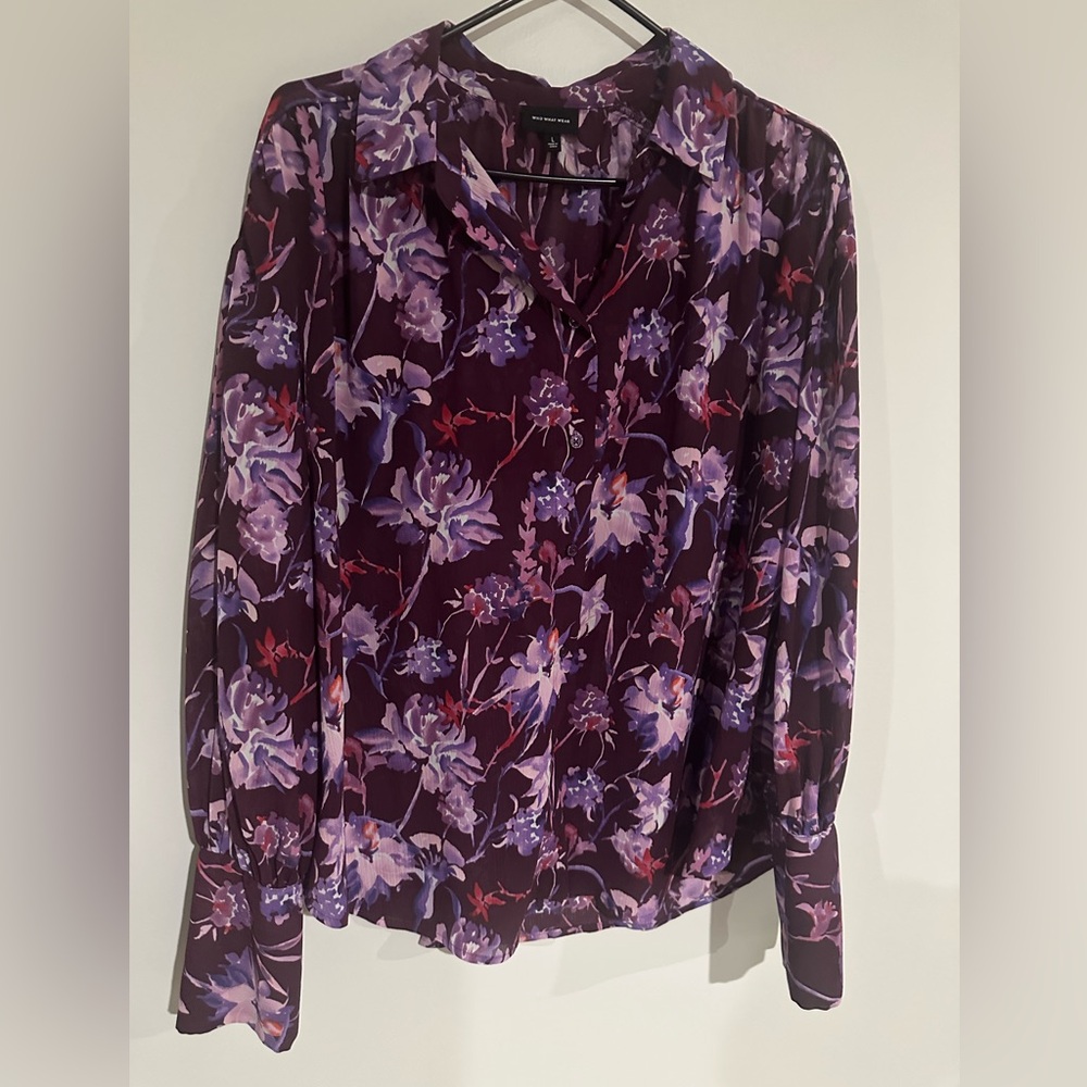Purple Floral Blouse Semi-Sheer Sz L